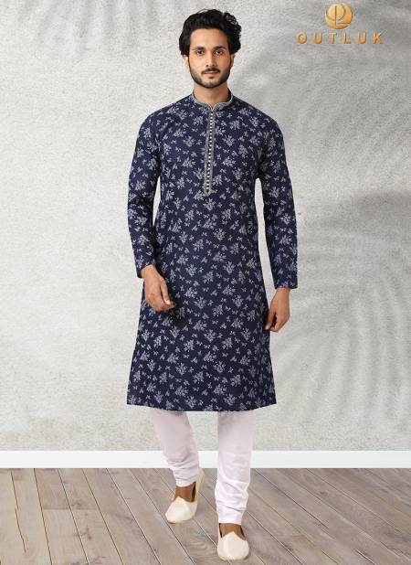 Navy Blue Colour Outluk Vol 44 Function Wear Pure Cotton With Digital Print Kurta Pajama Mens Collection 44004